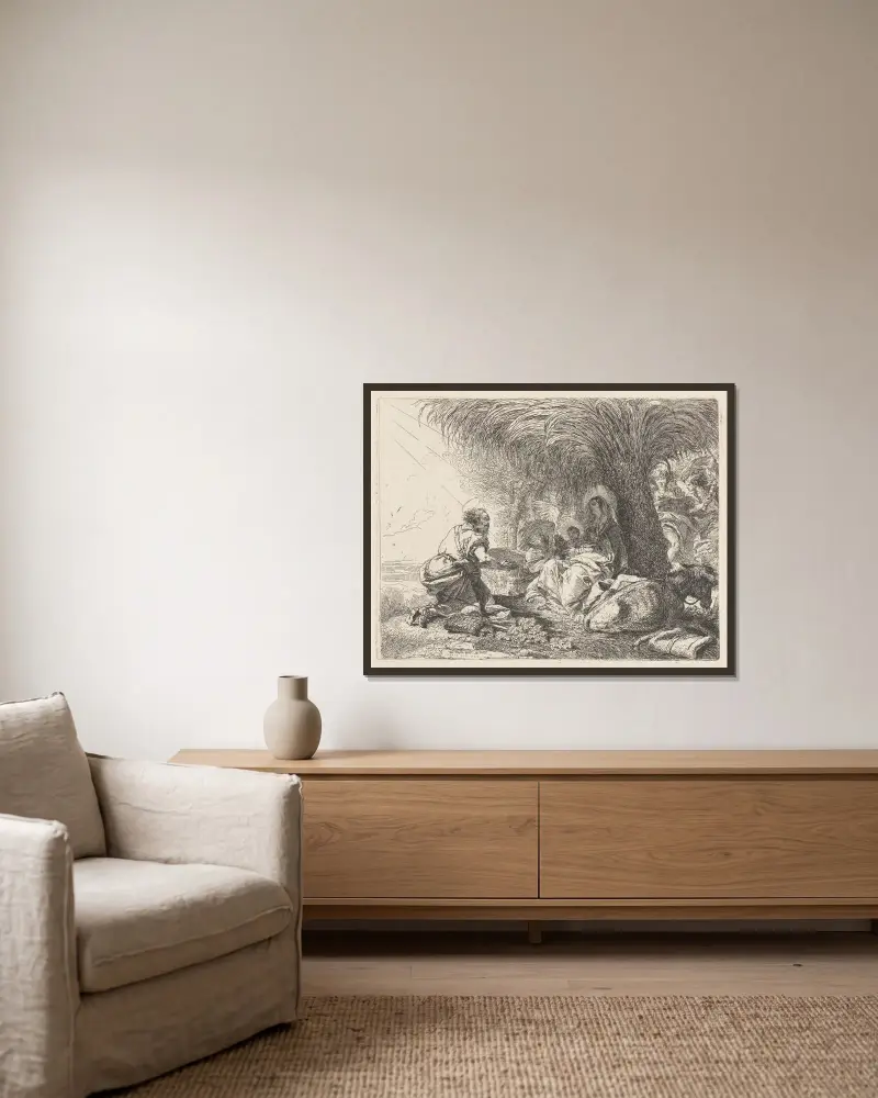 Vilan under flykten med Josef i tillbedjan av Giovanni Domenico Tiepolo inramad på en vägg