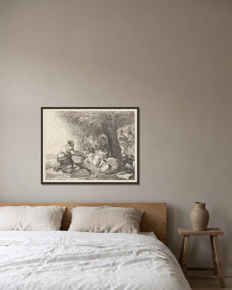 Vilan under flykten med Josef i tillbedjan av Giovanni Domenico Tiepolo inramad på en vägg