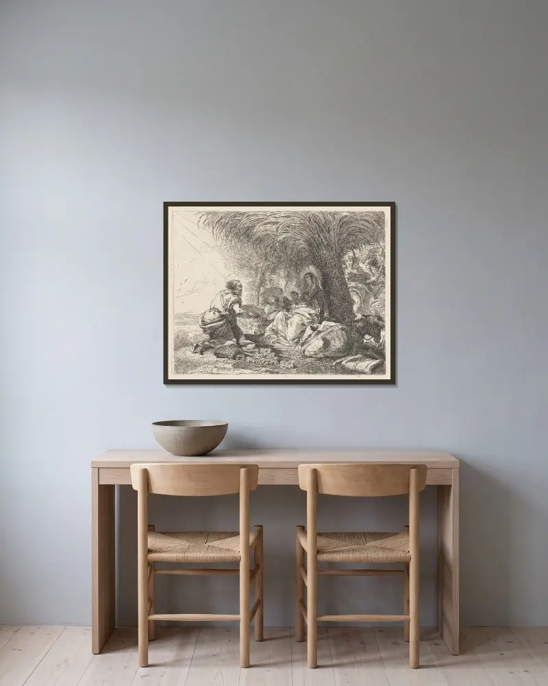 Vilan under flykten med Josef i tillbedjan av Giovanni Domenico Tiepolo inramad på en vägg