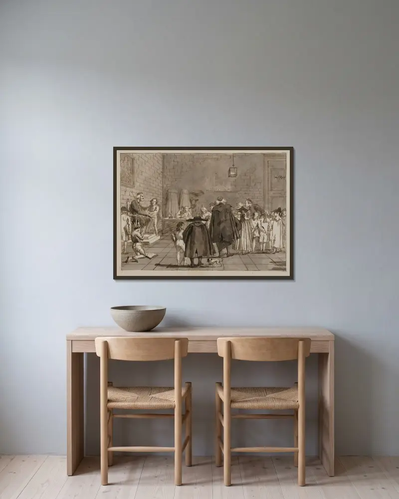 Skolan av Giovanni Domenico Tiepolo inramad på en vägg