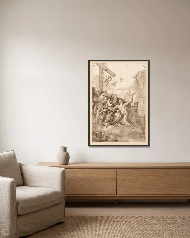 Treenigheten i molnen av Giovanni Domenico Tiepolo inramad på en vägg