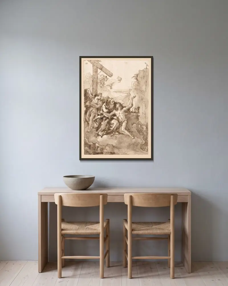 Treenigheten i molnen av Giovanni Domenico Tiepolo inramad på en vägg