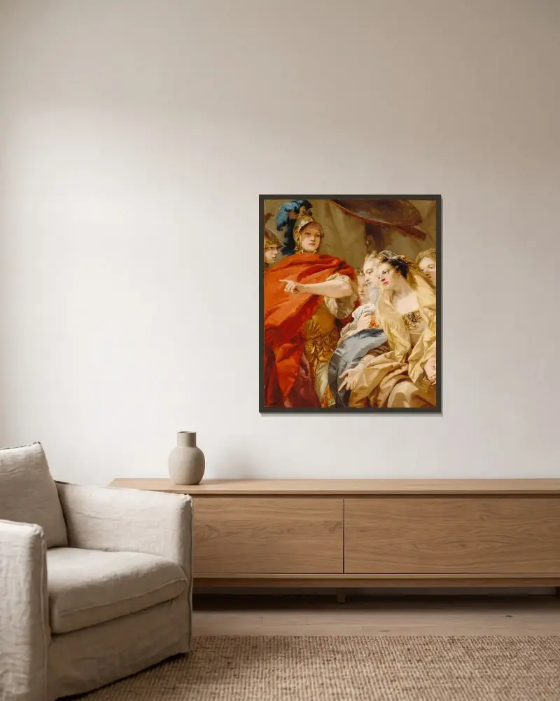 Die Frauen des Darius flehen Alexander um Gnade an von Giovanni Domenico Tiepolo gerahmt an einer Wand