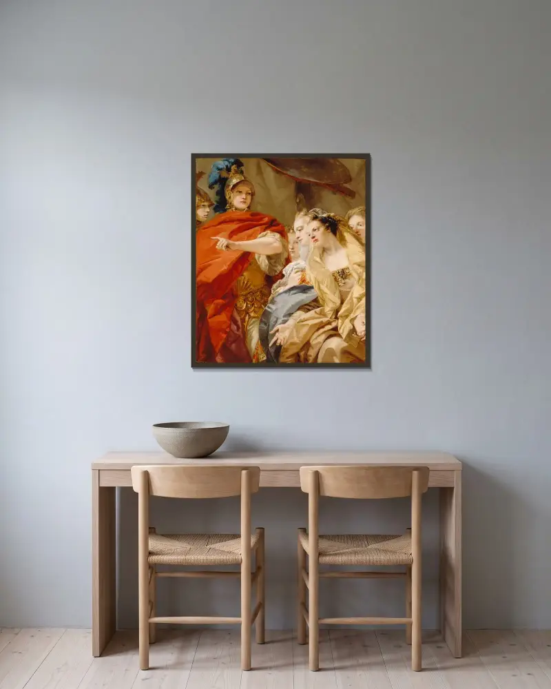 Die Frauen des Darius flehen Alexander um Gnade an von Giovanni Domenico Tiepolo gerahmt an einer Wand