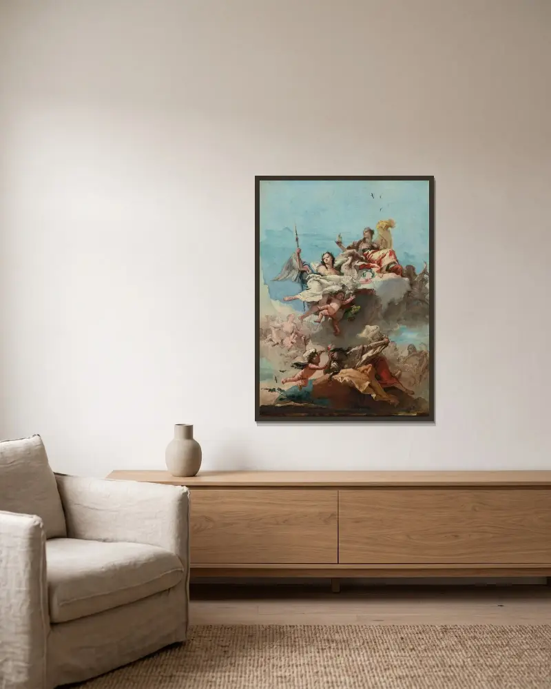 Dygdens triumf av Giovanni Domenico Tiepolo inramad på en vägg