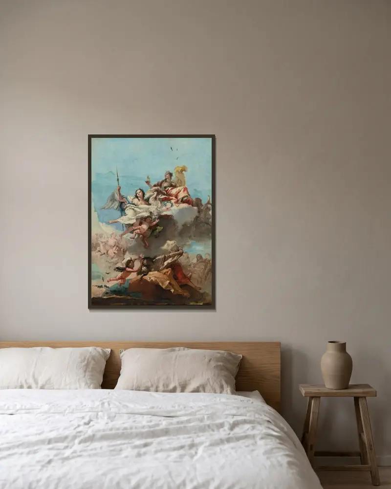 Dygdens triumf av Giovanni Domenico Tiepolo inramad på en vägg