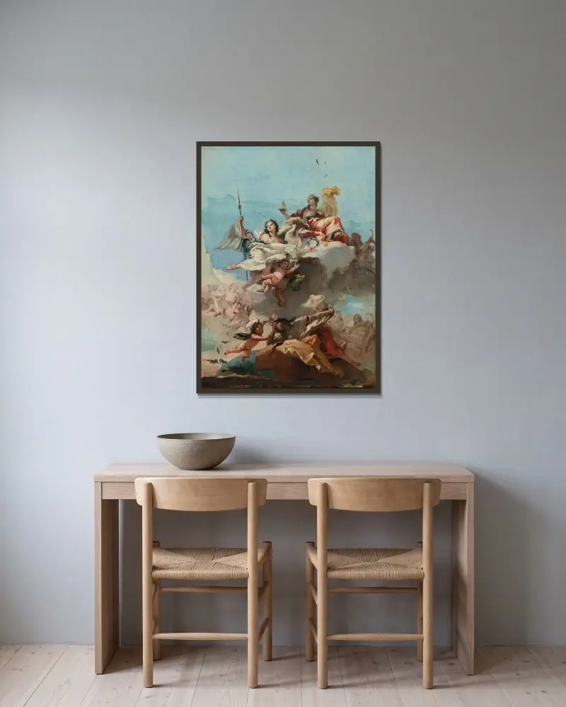 Dygdens triumf av Giovanni Domenico Tiepolo inramad på en vägg