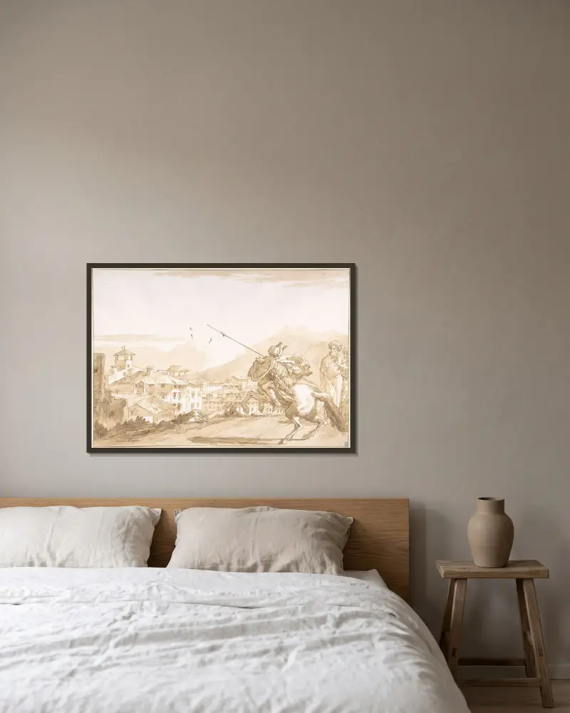 Turkisk lansiär och åskådare närmar sig en stad av Giovanni Domenico Tiepolo inramad på en vägg