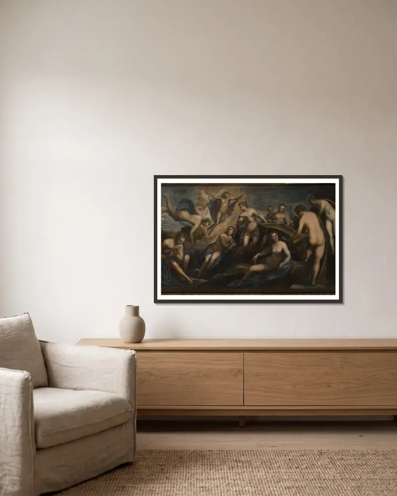 Apollo And The Muses av Domenico Tintoretto inramad på en vägg