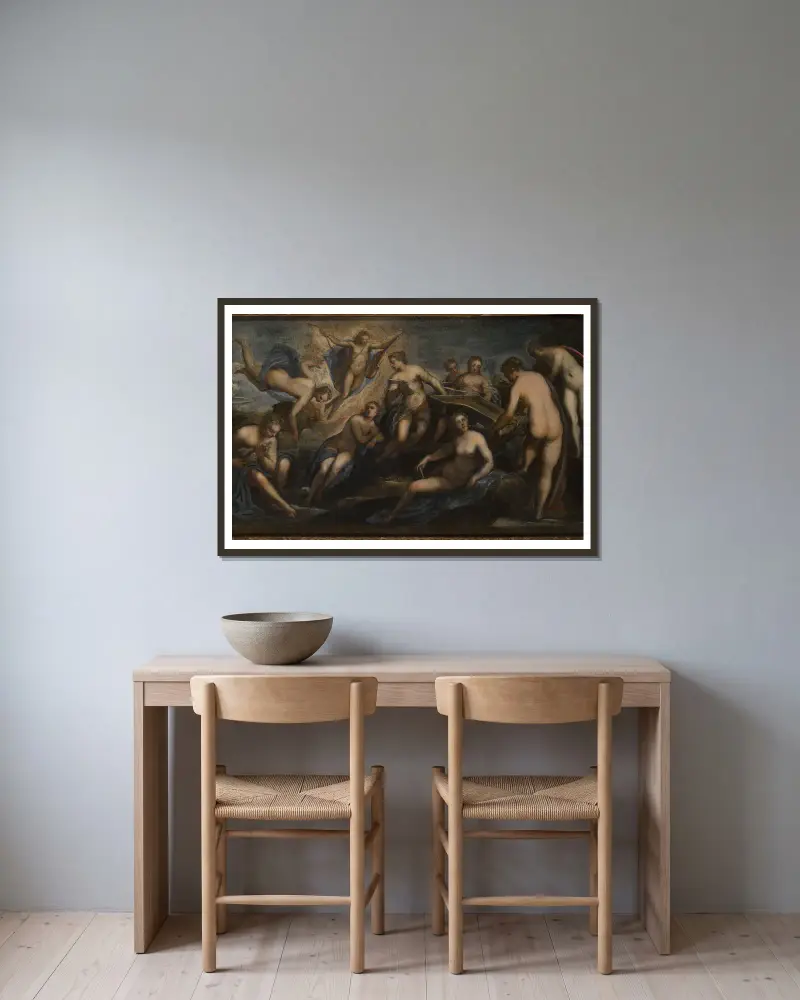 Apollo And The Muses av Domenico Tintoretto inramad på en vägg