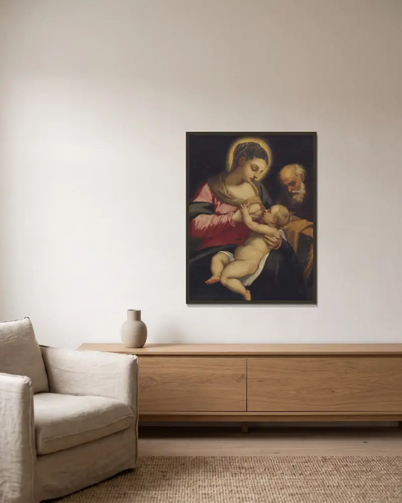 Holy Family av Domenico Tintoretto inramad på en vägg