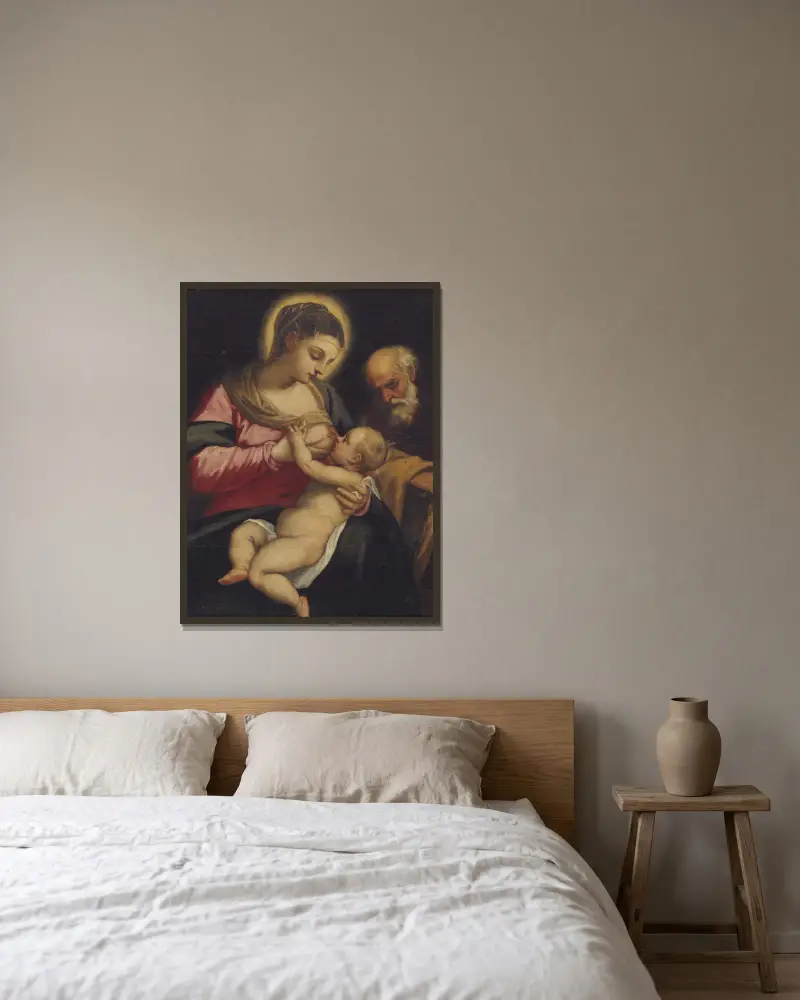 Holy Family av Domenico Tintoretto inramad på en vägg