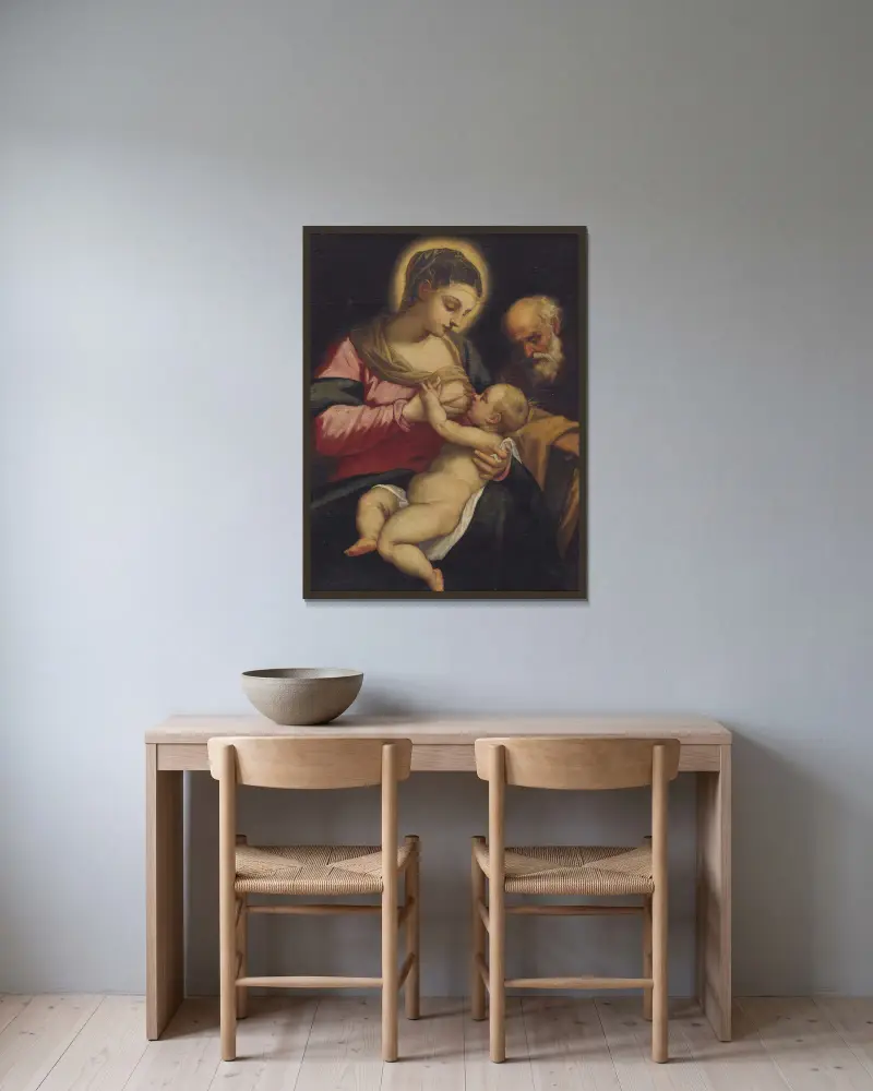 Holy Family av Domenico Tintoretto inramad på en vägg