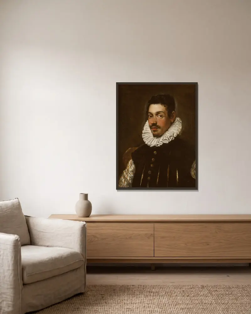 Porträtt av en herre av Domenico Tintoretto inramad på en vägg