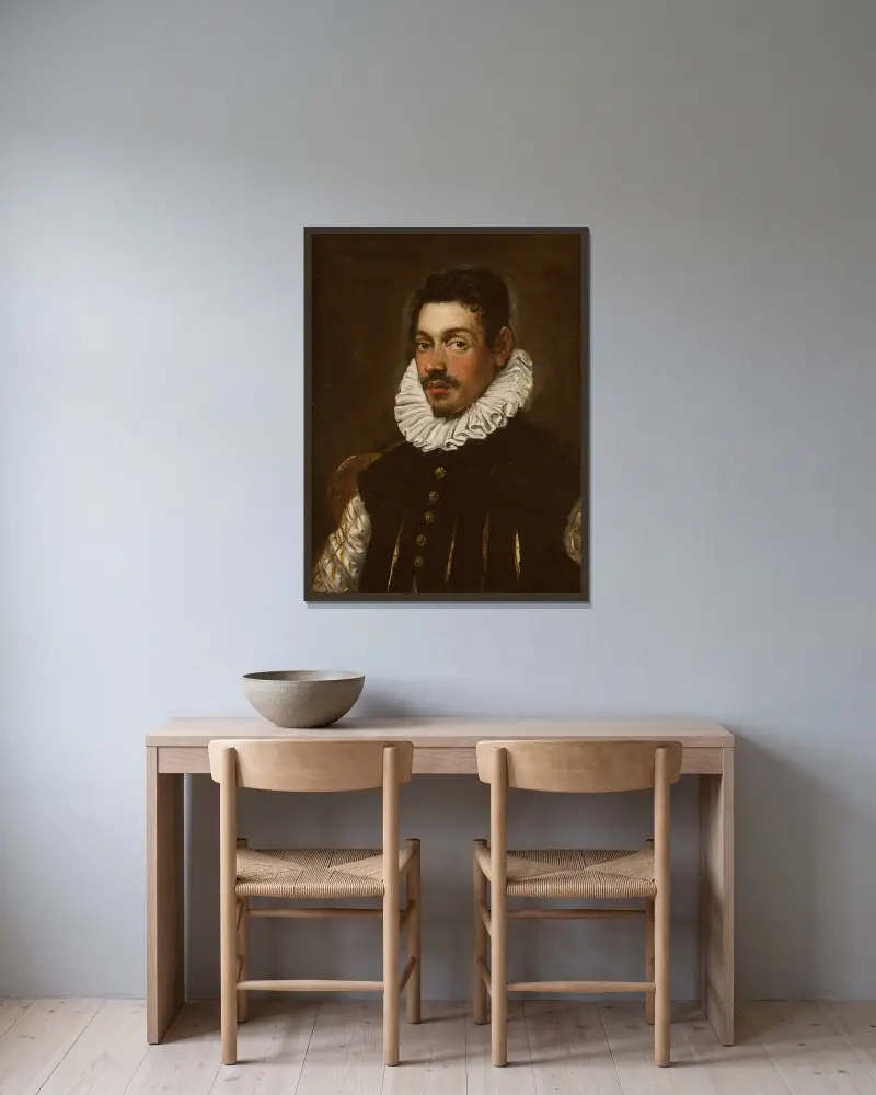 Porträtt av en herre av Domenico Tintoretto inramad på en vägg