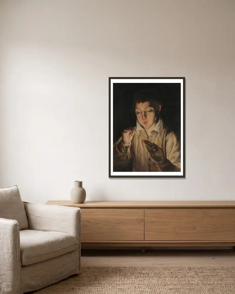 Boy Blowing an Ember av El Greco (Domenikos Theotokopoulos) inramad på en vägg