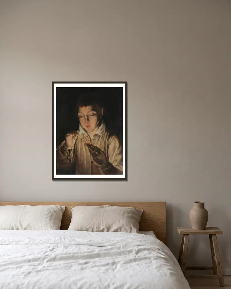 Boy Blowing an Ember av El Greco (Domenikos Theotokopoulos) inramad på en vägg