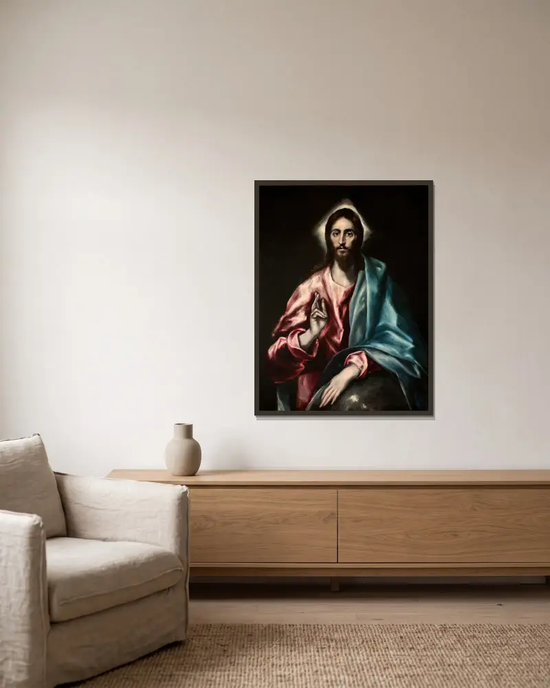 Christ as Saviour av El Greco (Domenikos Theotokopoulos) inramad på en vägg