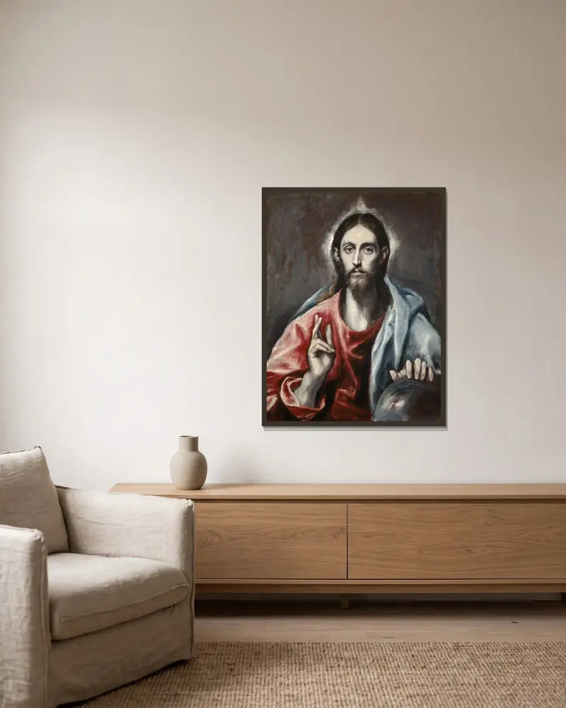 Christus segnet ('Der Heiland der Welt') von El Greco (Domenikos Theotokopoulos) gerahmt an einer Wand