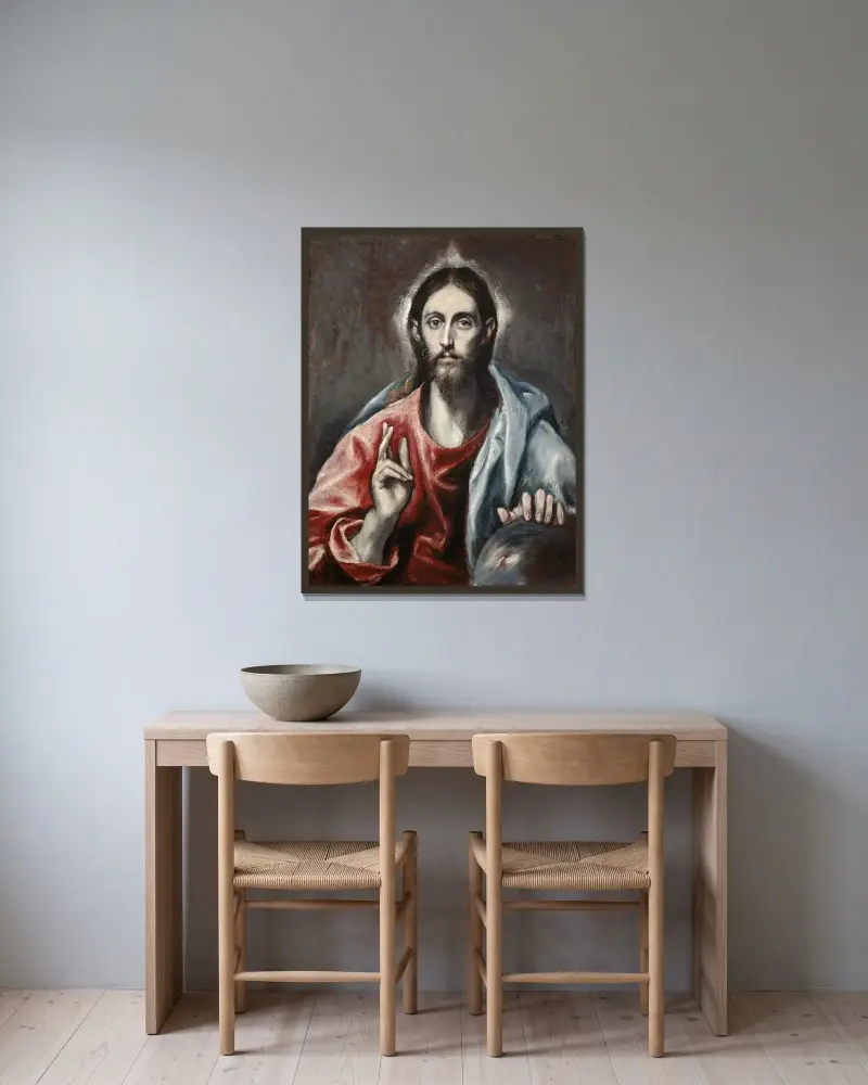 Christus segnet ('Der Heiland der Welt') von El Greco (Domenikos Theotokopoulos) gerahmt an einer Wand