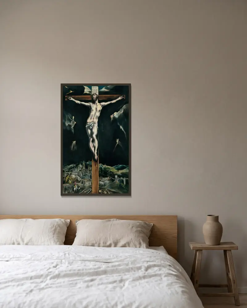 Christus am Kreuz mit Toledo im Hintergrund von El Greco (Domenikos Theotokopoulos) gerahmt an einer Wand
