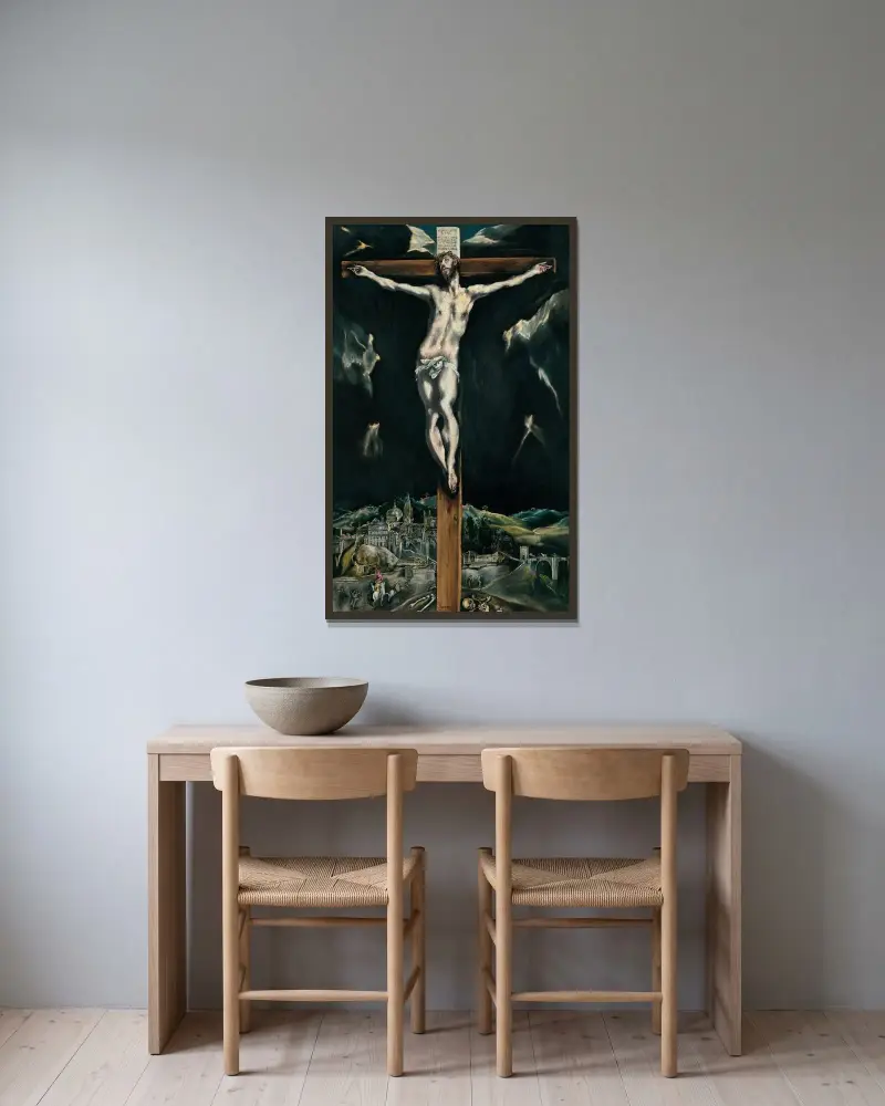 Christus am Kreuz mit Toledo im Hintergrund von El Greco (Domenikos Theotokopoulos) gerahmt an einer Wand