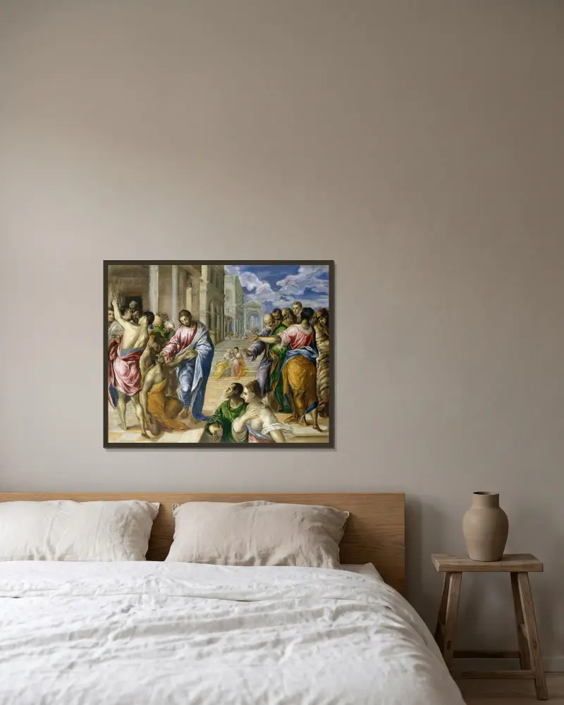 Christ Healing the Blind av El Greco (Domenikos Theotokopoulos) inramad på en vägg