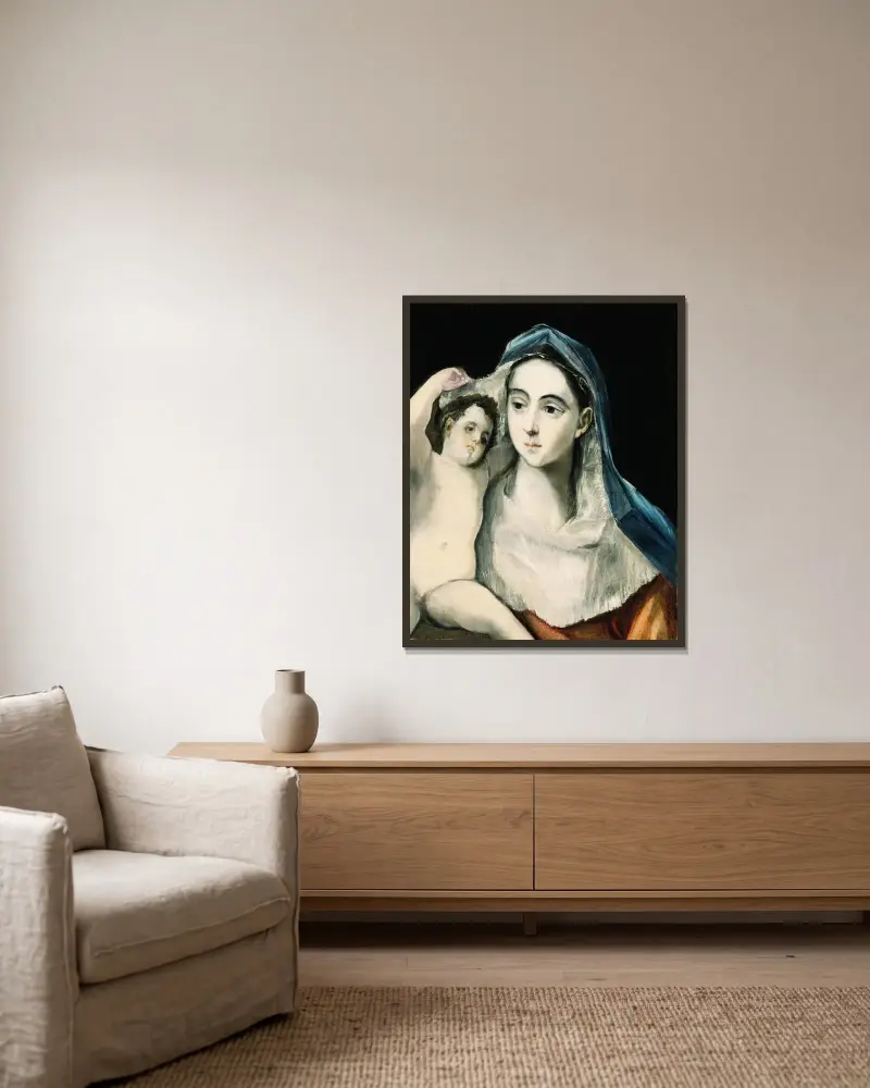 Madonna And Child av El Greco (Domenikos Theotokopoulos) inramad på en vägg