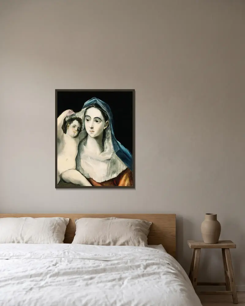 Madonna And Child av El Greco (Domenikos Theotokopoulos) inramad på en vägg