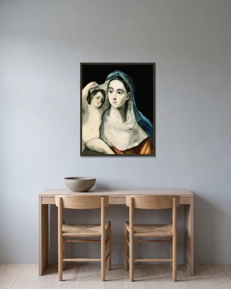 Madonna And Child av El Greco (Domenikos Theotokopoulos) inramad på en vägg