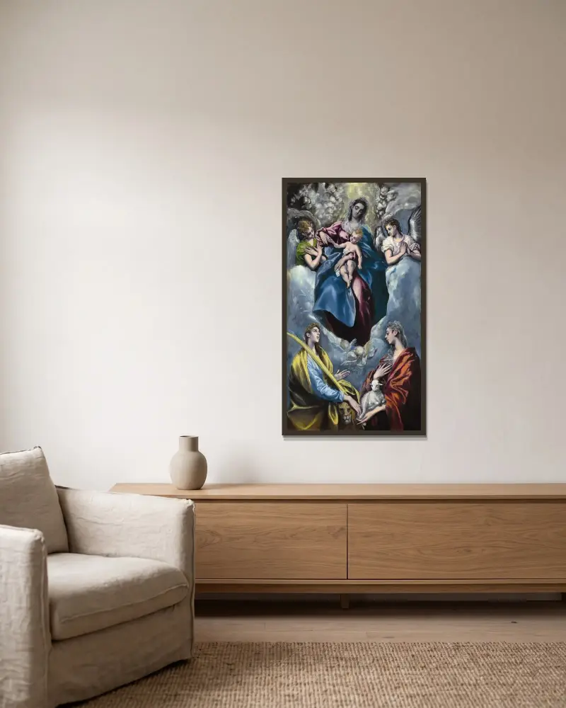 Madonna and Child with Saint Martina and Saint Agnes av El Greco (Domenikos Theotokopoulos) inramad på en vägg