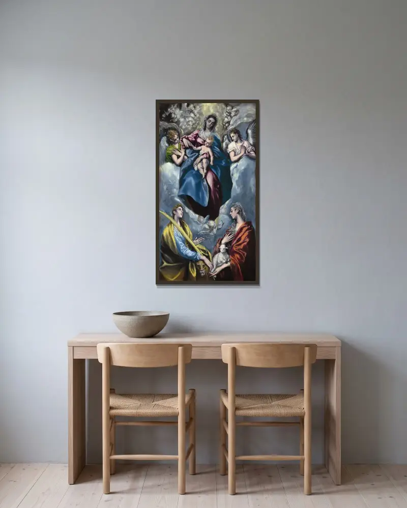 Madonna and Child with Saint Martina and Saint Agnes av El Greco (Domenikos Theotokopoulos) inramad på en vägg