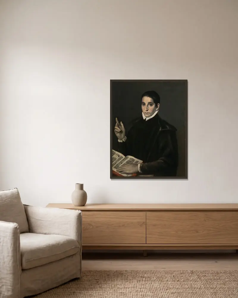 Portrait of a young man, traditionally identified as Saint Aloysius (Luigi) Gonzaga av El Greco (Domenikos Theotokopoulos) inramad på en vägg