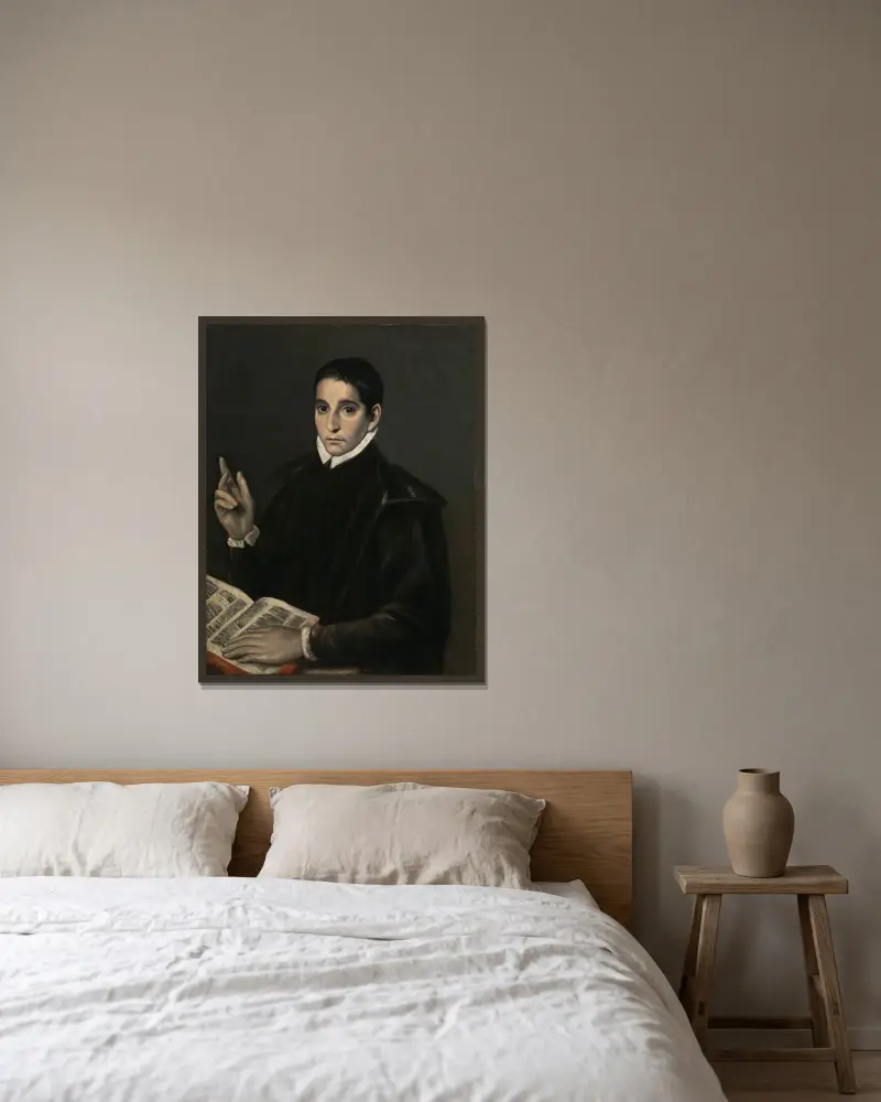 Portrait of a young man, traditionally identified as Saint Aloysius (Luigi) Gonzaga av El Greco (Domenikos Theotokopoulos) inramad på en vägg