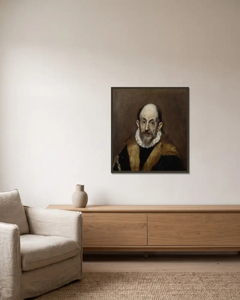 Porträtt av en gammal man av El Greco (Domenikos Theotokopoulos) inramad på en vägg