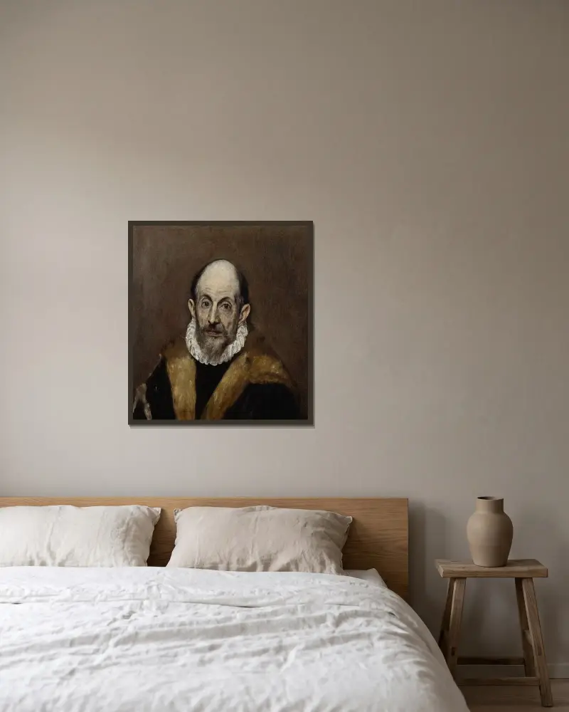 Porträtt av en gammal man av El Greco (Domenikos Theotokopoulos) inramad på en vägg