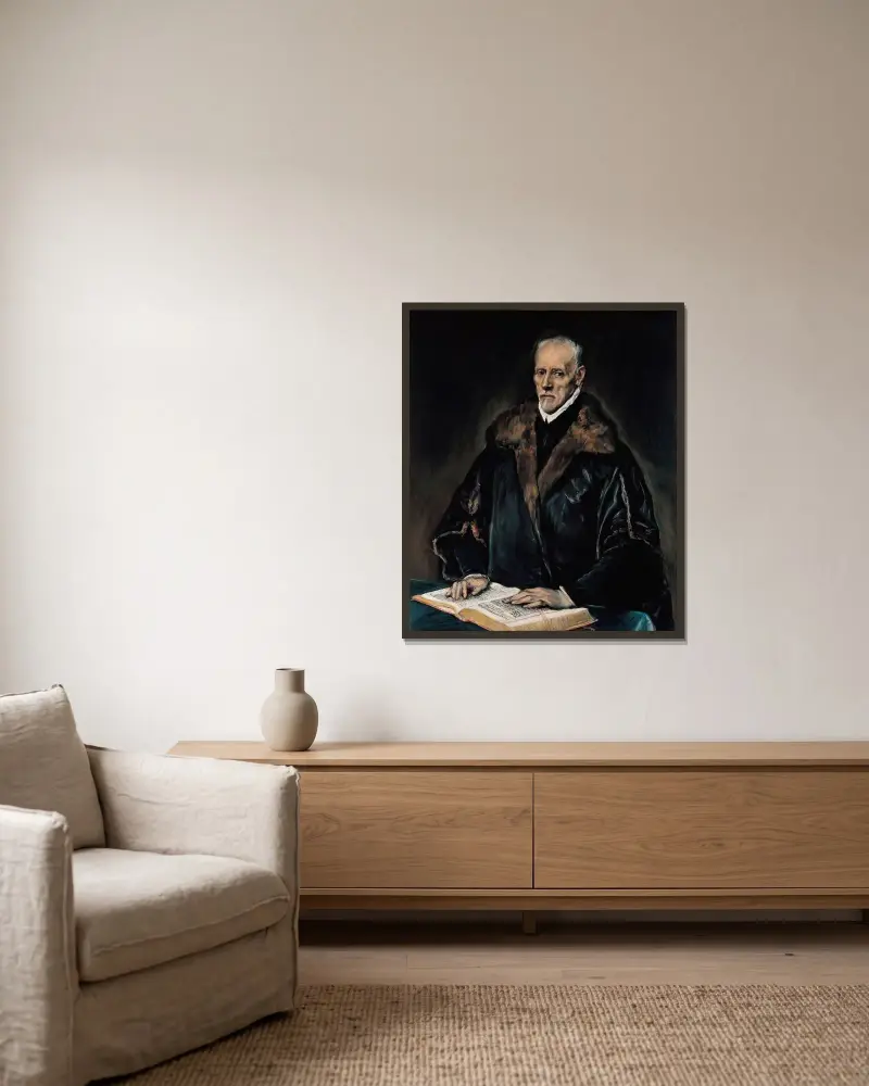 Portrait of Dr. Francisco de Pisa av El Greco (Domenikos Theotokopoulos) inramad på en vägg