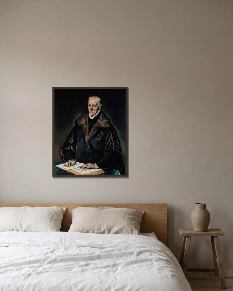 Portrait of Dr. Francisco de Pisa av El Greco (Domenikos Theotokopoulos) inramad på en vägg