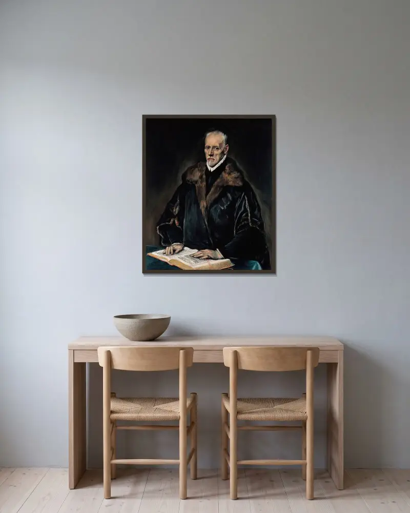Portrait of Dr. Francisco de Pisa av El Greco (Domenikos Theotokopoulos) inramad på en vägg