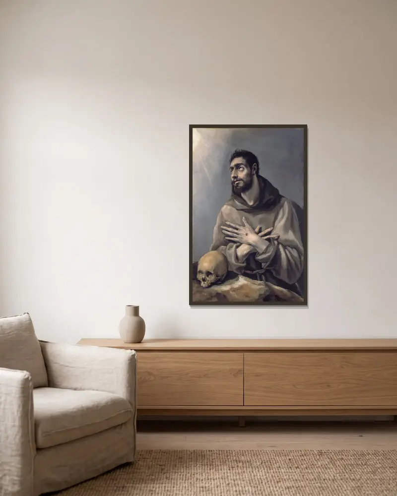 Saint Francis In Ecstasy av El Greco (Domenikos Theotokopoulos) inramad på en vägg