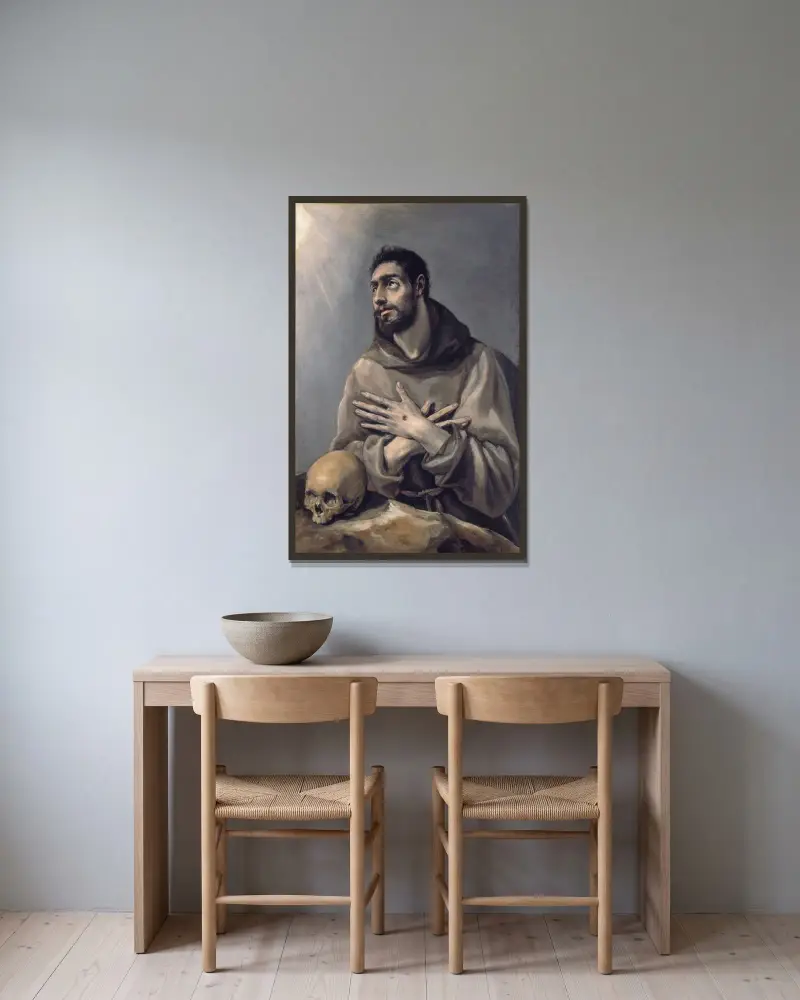 Saint Francis In Ecstasy av El Greco (Domenikos Theotokopoulos) inramad på en vägg