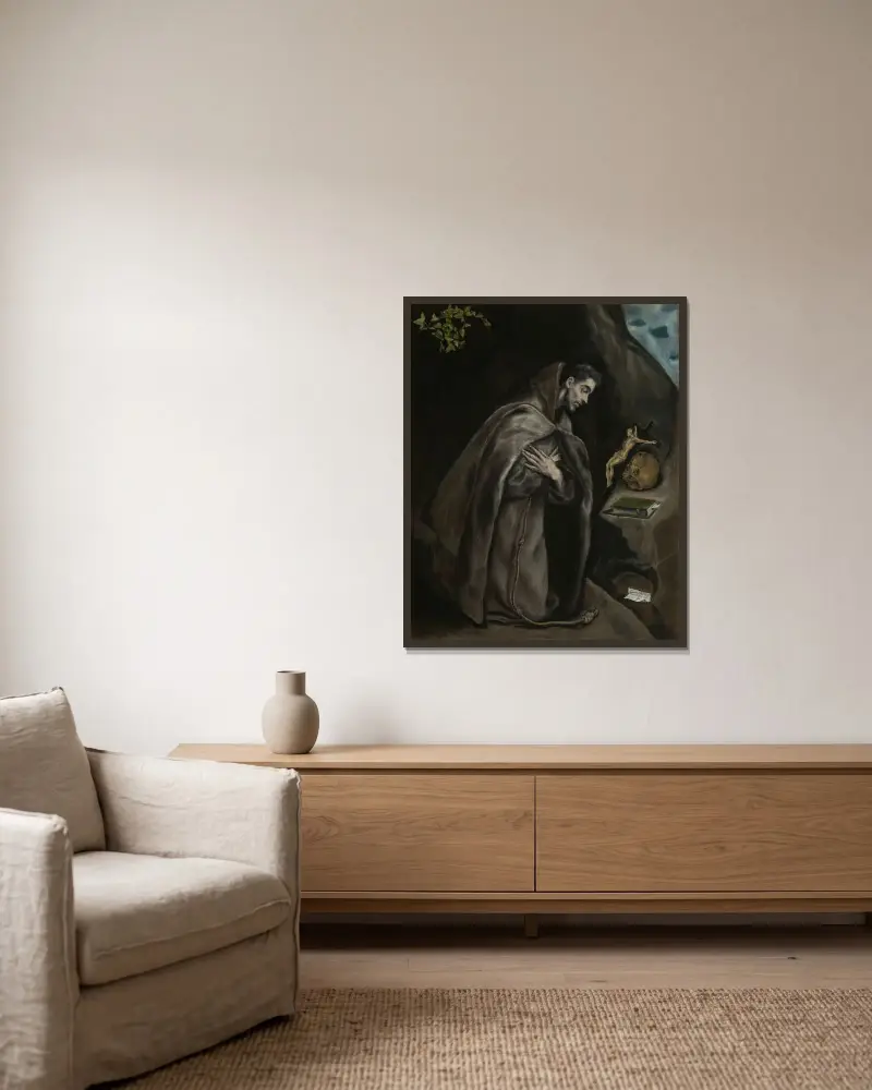 Der heilige Franziskus im Gebet kniend von El Greco (Domenikos Theotokopoulos) gerahmt an einer Wand