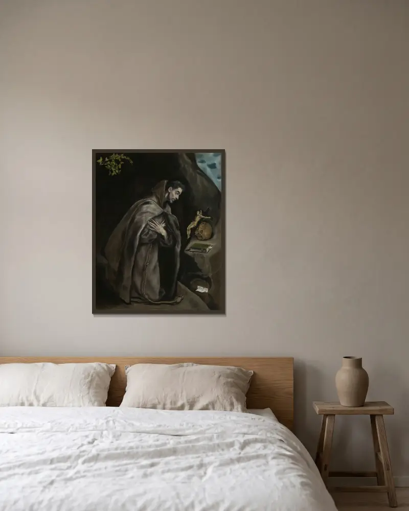 Der heilige Franziskus im Gebet kniend von El Greco (Domenikos Theotokopoulos) gerahmt an einer Wand