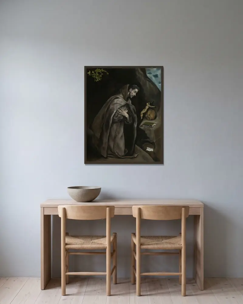 Der heilige Franziskus im Gebet kniend von El Greco (Domenikos Theotokopoulos) gerahmt an einer Wand