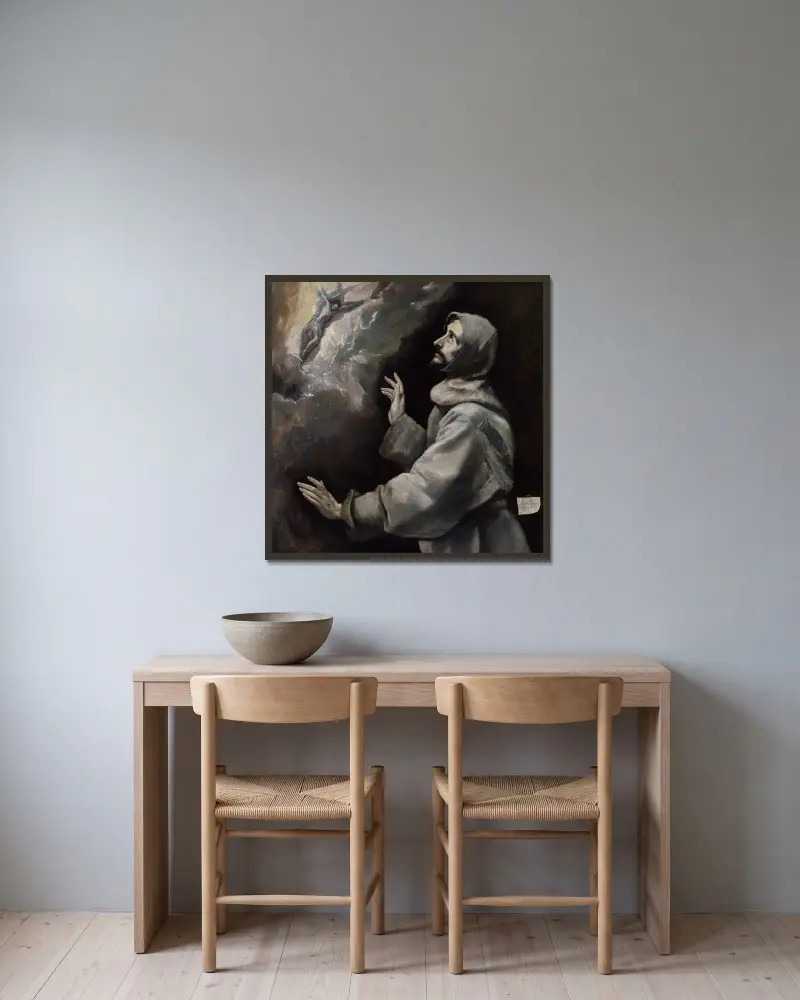 Der heilige Franziskus empfängt die Stigmata von El Greco (Domenikos Theotokopoulos) gerahmt an einer Wand