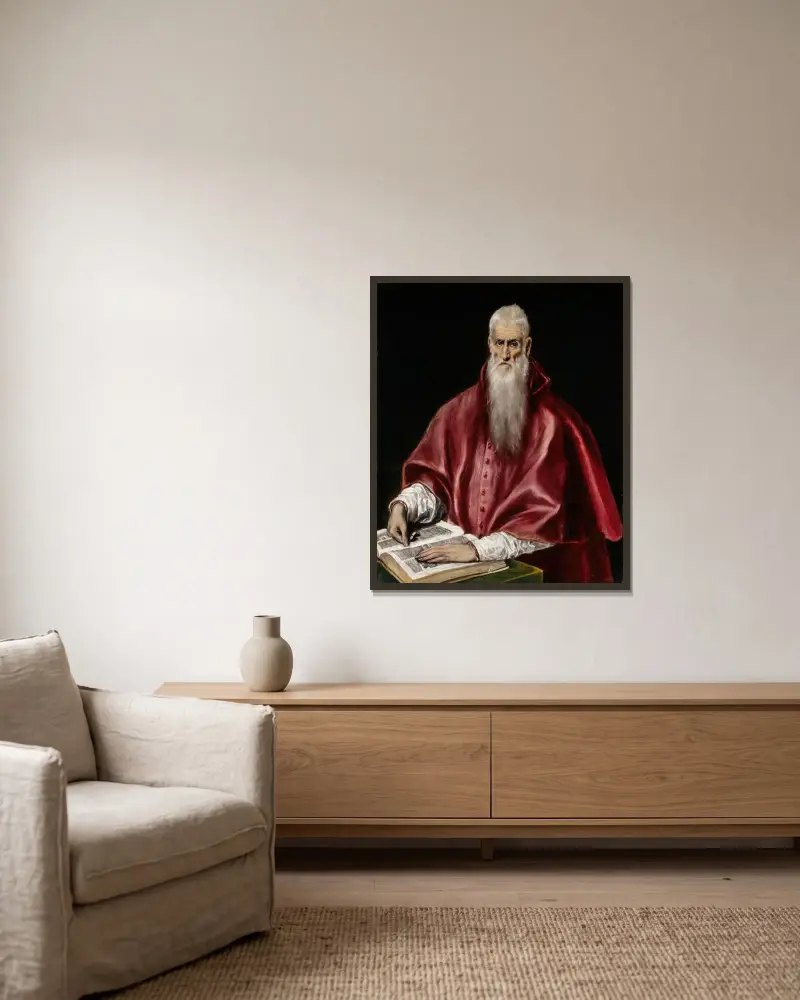 Saint Jerome as Scholar av El Greco (Domenikos Theotokopoulos) inramad på en vägg