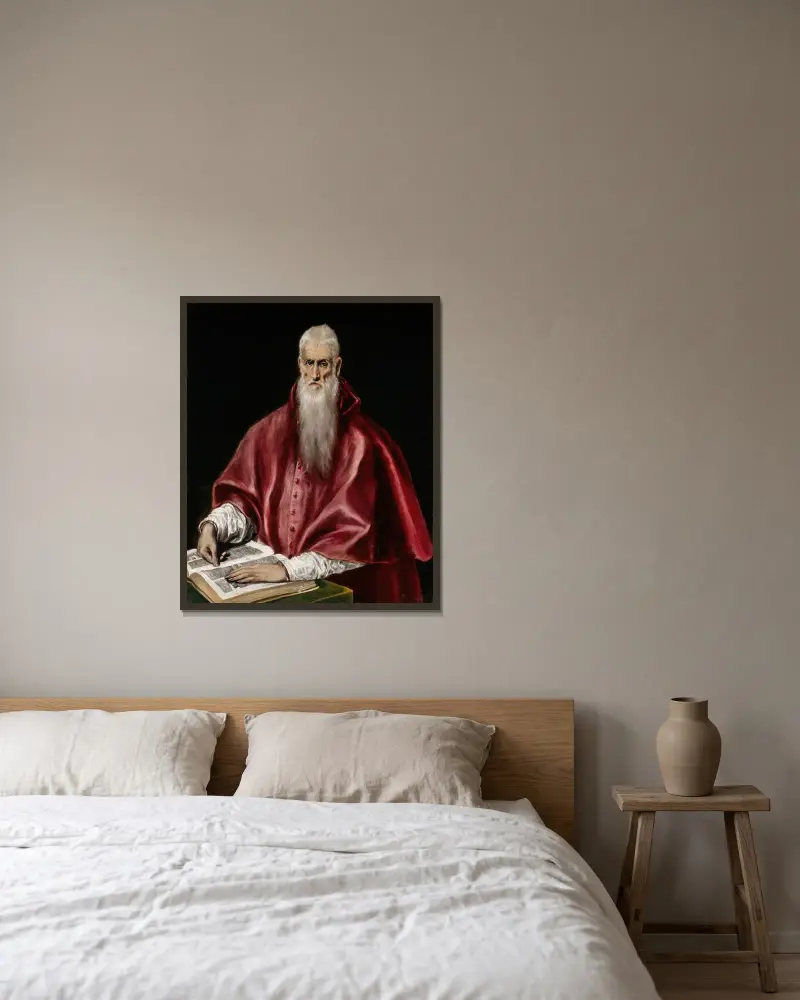 Saint Jerome as Scholar av El Greco (Domenikos Theotokopoulos) inramad på en vägg