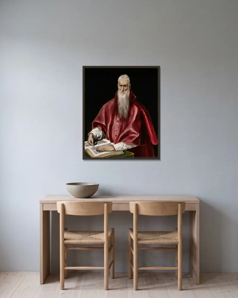 Saint Jerome as Scholar av El Greco (Domenikos Theotokopoulos) inramad på en vägg