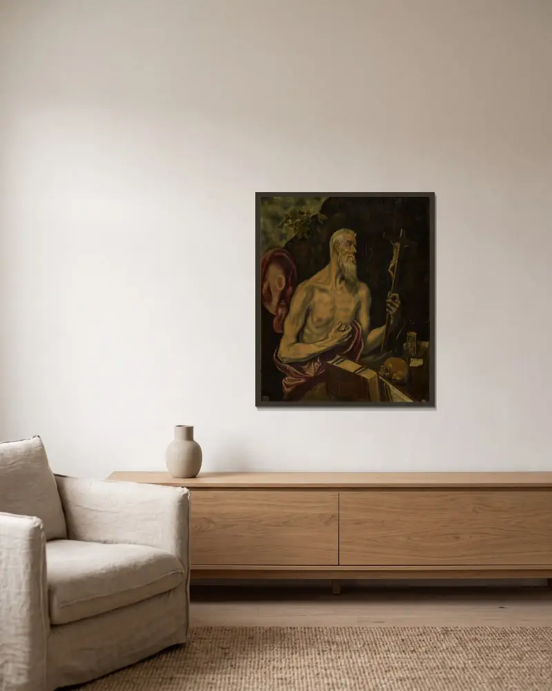 St Jerome in Penitence av El Greco (Domenikos Theotokopoulos) inramad på en vägg