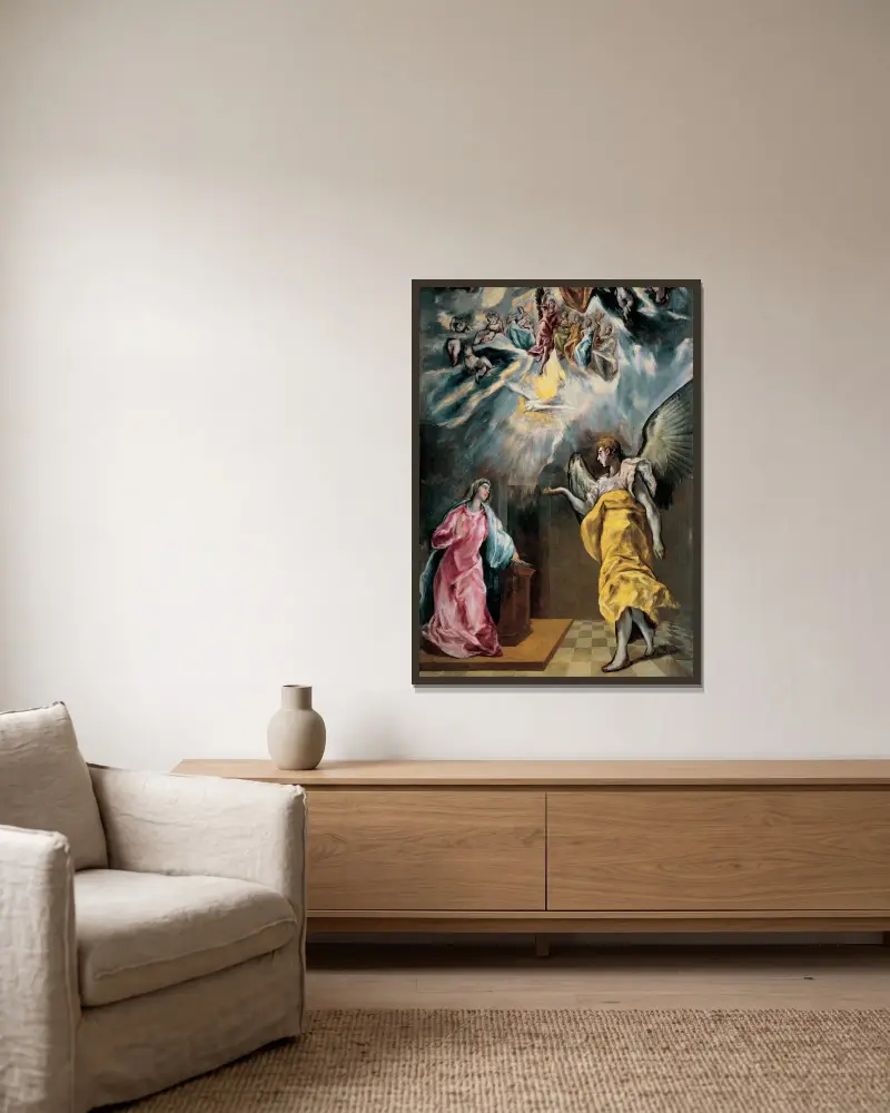 The Annunciation – nr 1 av El Greco (Domenikos Theotokopoulos) inramad på en vägg